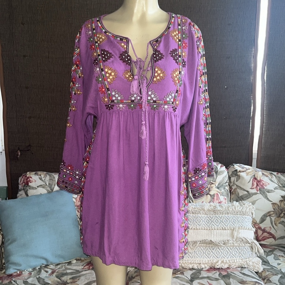 FREE PEOPLE Purple Linen Multicolored Embroidered Tunic Mini Dress Size XS - Picture 2 of 12